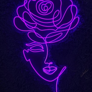 Flower Head Neon Signs - Girl with Leaf LED Signs - Lover Gifts - Abstract Art - Bedroom Decor - Woman Line Art - Rose Head