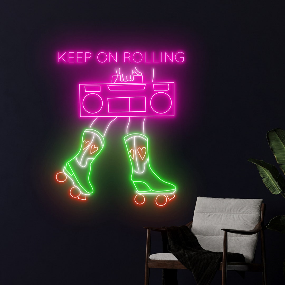 Keep on Rolling Neon Sign, Rolling Skate Tape Recorder Led Sign, Skate ...