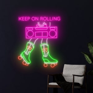Keep On Rolling Neon Schild, Rolling Skate Tape Recorder Led Schild, Skate Shoes Musik Stereo Led Licht, Skate Girl Player Neon Licht, Bar Dekor