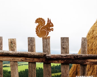 Estaca de metal para cerca de esquilo enferrujado, decoração rústica de fazenda, presente para amantes de esquilos, decoração natural para casa, estaca de jardim para esquilos