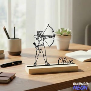 Custom Female Archer Metal Table Decor with Wooden Base: Personalized Name Desk Sculpture, Archery Sign, Gifts for Her