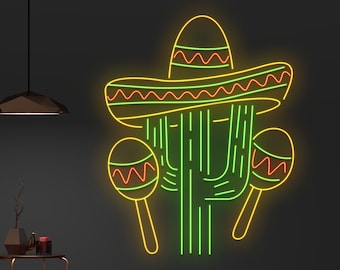 May include: Neon sign depicting a green cactus with a yellow sombrero and two yellow maracas. The cactus has a red and yellow striped pattern.