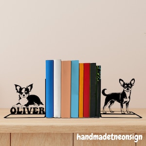 Custom Chihuahua Dog Metal Bookends, Dog Name Bookend, Dog Table Sign, Pet Bookshelf Decor, Book Lover Gift, Dog Metal Desk Home Decor