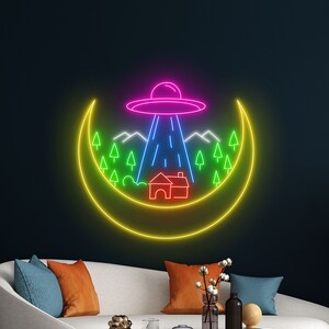 Letrero de neón de luna OVNI, Letrero LED de casa de luna OVNI, Luz de neón espacial OVNI, Luz LED universal, Letrero de neón de bosque lunar, Decoración de arte de pared de dormitorio en casa