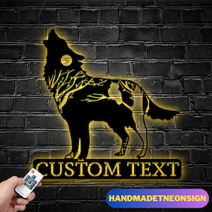Luz LED de arte de pared de metal de lobo aullador personalizado - Decoración personalizada del hogar del letrero de metal del lobo del árbol de la luna - Letrero LED de metal del lobo del bosque - Regalo perfecto