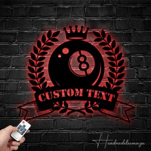 Arte de parede de metal de bola de bilhar personalizada luz led-sinal de nome de bilhar personalizado decoração de casa, decoração de sinal de metal de clube de bilhar personalizado