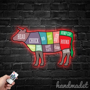Personalized Cow Cuts Metal Sign, Cow Cuts Metal Light, Meat Butcher Led Light, Beef Shop Wall Art Light, Cow Butcher Wall Decor
