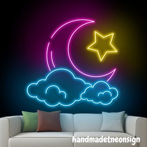 Moon And Star Neon Sign, Moon Star Clouds Led Sign, Moon Star Neon Light, Moon Cloud Led Light, Bedroom Wall Art Light, House Wall Decor