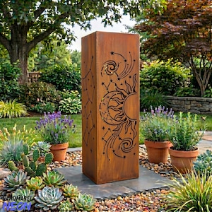 May include: A tall, rectangular, weathered metal garden sculpture. The sculpture features cut-out designs of the sun, moon, stars, and constellations. The sculpture is surrounded by a garden with various plants and flowers.