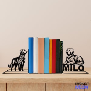 Custom Golden Retriever Dog Metal Bookends, Dog Name Bookend, Dog Table Sign, Pet Bookshelf Home Decor, Book Lover Gift, Back To School Gift