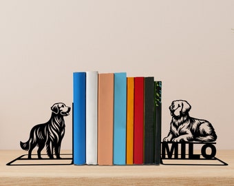 Custom Golden Retriever Dog Metal Bookends, Dog Name Bookend, Dog Table Sign, Pet Bookshelf Home Decor, Book Lover Gift, Back To School Gift