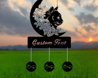 Carillón de viento de gato de luna negra de metal personalizado, decoración de jardín de gato de metal personalizado, suspensión de árbol al aire libre, decoración de suspensión al aire libre, día internacional del gato