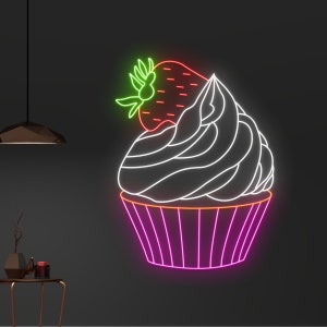 Custom Strawberry Cupcake Neon Sign, Fruit Cupcake LED Sign, Cream Cake Neon Light, Bakery Led Light, Birthday Decor, Nursery Room Wall Sign