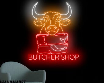 牛の肉屋のネオンサイン、肉屋のLEDライト、バーベキューレストランの
