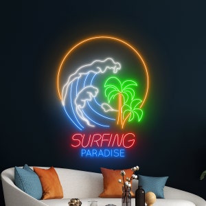 Surfing Paradise Ocean Waves Palm Tree Neon Sign, Beach Led Sign, Holiday Led Light, Tropical Island Led Sign, Pool Party Room Wall Decor