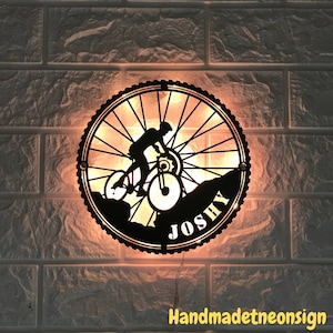 Custom Mountain Bike Metal Wall Art LED Light MTB Sign - Personalized Biker Metal Sign - Kids Nursery Decoration -Bicycle Lover -Sport Lover