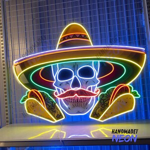 Mexican Skull Taco Neon Sign, Skull Taco Led Lights, Skull Taco Neon Lights, Custom Neon Sign, Neon Signs, Tacos Neon Sign, Restaurant Neon