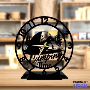 Custom Camping Tabletop Metal Clock, Tent Forest Desktop Clock, Campfire Desk Circle Clock, Camping Clock Bookshelf Decor, Clock Home Decor