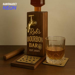 Custom Bourbon Bar Dispenser - Personalized Engraving Name Wooden Whiskey Dispenser, Bourbon Gift for Him, Dad, Husband, or Friend
