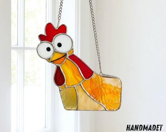 Chicken Stained Glass Suncatcher: Handmade Window Decor, Farmhouse Decor, Housewarming Gift