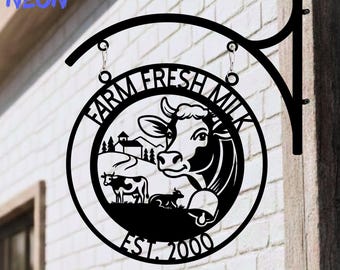 ミルクショップの金属製吊り下げ看板、乳製品店のロゴ店頭看板、ミルク