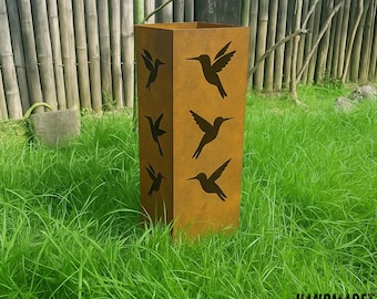 Rustic Metal Hummingbird Garden Column, Rustic Garden Decor, Outdoor Plant Stand, Hummingbird Garden Column, Modern Garden Sculpture