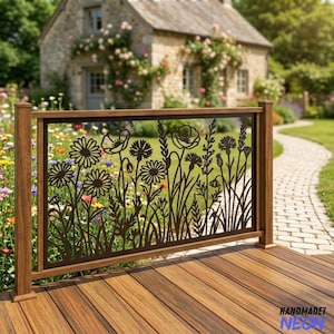 May include: A dark brown metal railing panel featuring a laser-cut design of various wildflowers, including daisies and poppies, set within a rectangular frame. The panel is mounted between two wooden posts on a wooden deck surface.