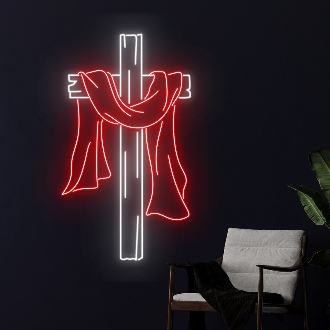 Cross With Sash Neon Sign, Easter Cross Led Sign, Jesus Cross Neon