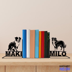 Custom Miniature American Shepherd Metal Bookends, Dog Name Bookend Table Sign, Bookshelf Home Decor, Book Lover Gift, Back To School Gift