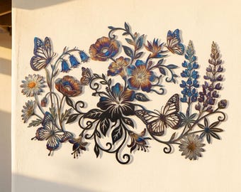 Aangepaste metalen muurkunst vlinder wilde bloemen, vuurgeroosterd bloemendecor, botanische tuinbord buiten