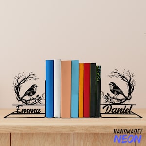 Custom Birds On Branch Metal Bookends, Bird Name Bookend, Bird Table Sign, Bird Bookshelf Decor, Book Lover Gift, Bird Metal Desk Home Decor