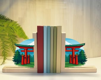 Torii Gate Metal Bookends, Japanese Wooden Book Holder Decor, Chritsmas Gift for Home or Office Library