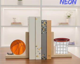 Basketball Stained Glass Bookends, Sports Glass Stand with Wooden Base, Player Gift, Handmade Hoop Art for Bookshelf