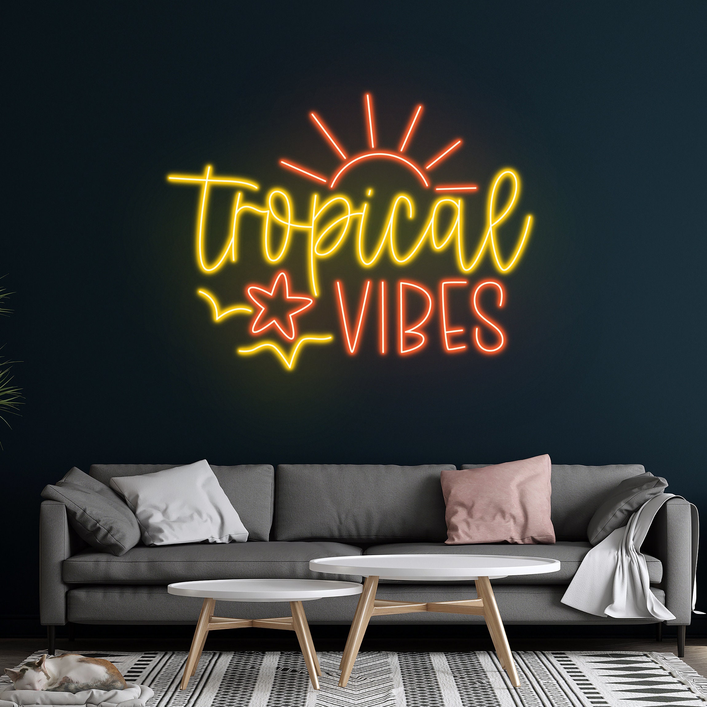 Tropical Summer Neon Good Vibes Aesthetic with Monsteras Palm and