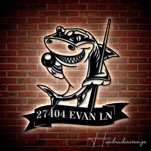 Personalized Billiards Number Metal Sign | Custom Billiards Address Metal Sign | Outdoor Shark Address Number Sign | Pool Hall Number Sign