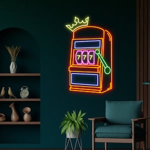 Slot Machine Neon Sign, Slot Machine Led Light, Casino Decor, Game Icons For Casino, Playing Cards Aces, Poker Club And Casino Decor