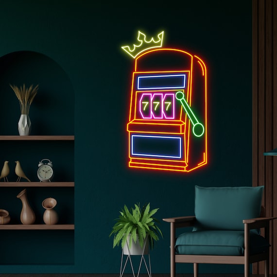 スロットマシンのネオンサイン、スロットマシンのLEDライト、カジノの 