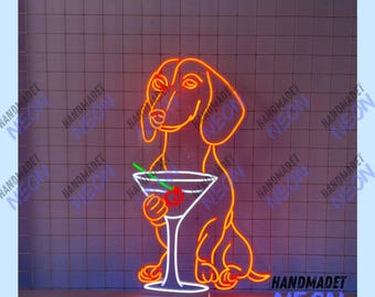Dachshund Drinking Martini Neon Sign, Dachshund LED Light, Cocktail LED Sign, Dog Neon Light, Pet LED Light, Wine Bar Club Neon Wall Decor