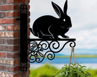 Personalized Rabbit Hanging Bracket, Rabbit Hanging Basket Bracket, Rabbit Hanging Bracket For Garden, Rabbit Animal Metal Sign Garden Decor