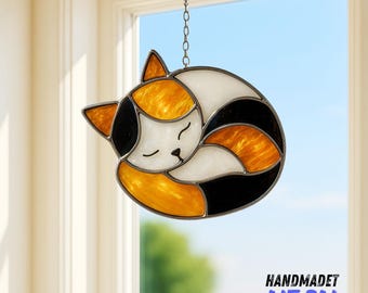 Cat Stained Glass Suncatcher: Sleeping Cat Window Hanging, Gift for Cat Lovers