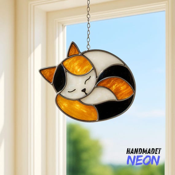 Cat Stained Glass Suncatcher: Sleeping Cat Window Hanging, Gift for Cat Lovers