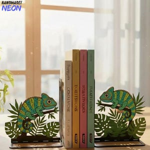 May include: Decorative metal bookends featuring a green and blue chameleon perched on a branch, surrounded by green leaves. The bookends hold a row of colorful books. The text "HANDMADET NEON" is in the upper left corner.