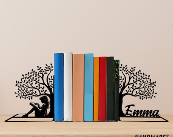 Custom Girl Read Book Metal Bookends, Girl Tree Name Bookend, Read Book Table Decor, Bookshelf Decor, Book Lover Gift, Back To School Gift