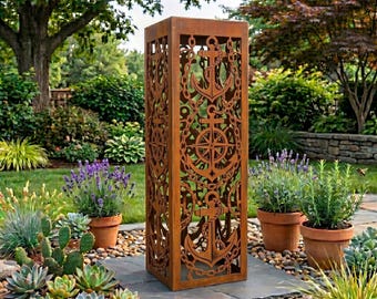 Columna de jardín de metal con ancla, pilar de linterna náutica, escultura de vela para patio, decoración oceánica, regalo de jubilación de la marina