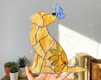 Golden Retriever Dog Stained Glass Suncatcher, Butterfly Window Hanging, Pet Memorial Gift, Dog Lover Home Decor