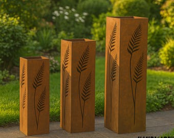 Set of 3 Rusty Fern Leaf Metal Garden Column, Rustic Garden Decor, Outdoor Plant Stand, Fern Leaf Garden Column, Modern Garden Sculpture