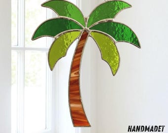 Palm Tree Stained Glass Suncatcher: Handmade Window Decor, Tropical Beach Gift