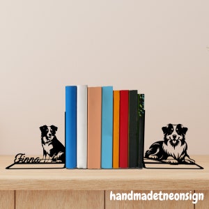 Custom Australian Shepherd Metal Bookends Dog Name Bookend, Dog Table Sign, Pet Bookshelf Decor, Book Lover Gift, Dog Metal Desk Home Decor