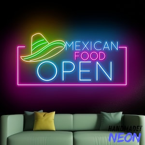 Mexican Food Open Neon Sign, Mexican Sombrero Hat Led Sign, Mexico Food Neon Light, Kitchen Wall Art, Mexican Restaurant Wall Decor