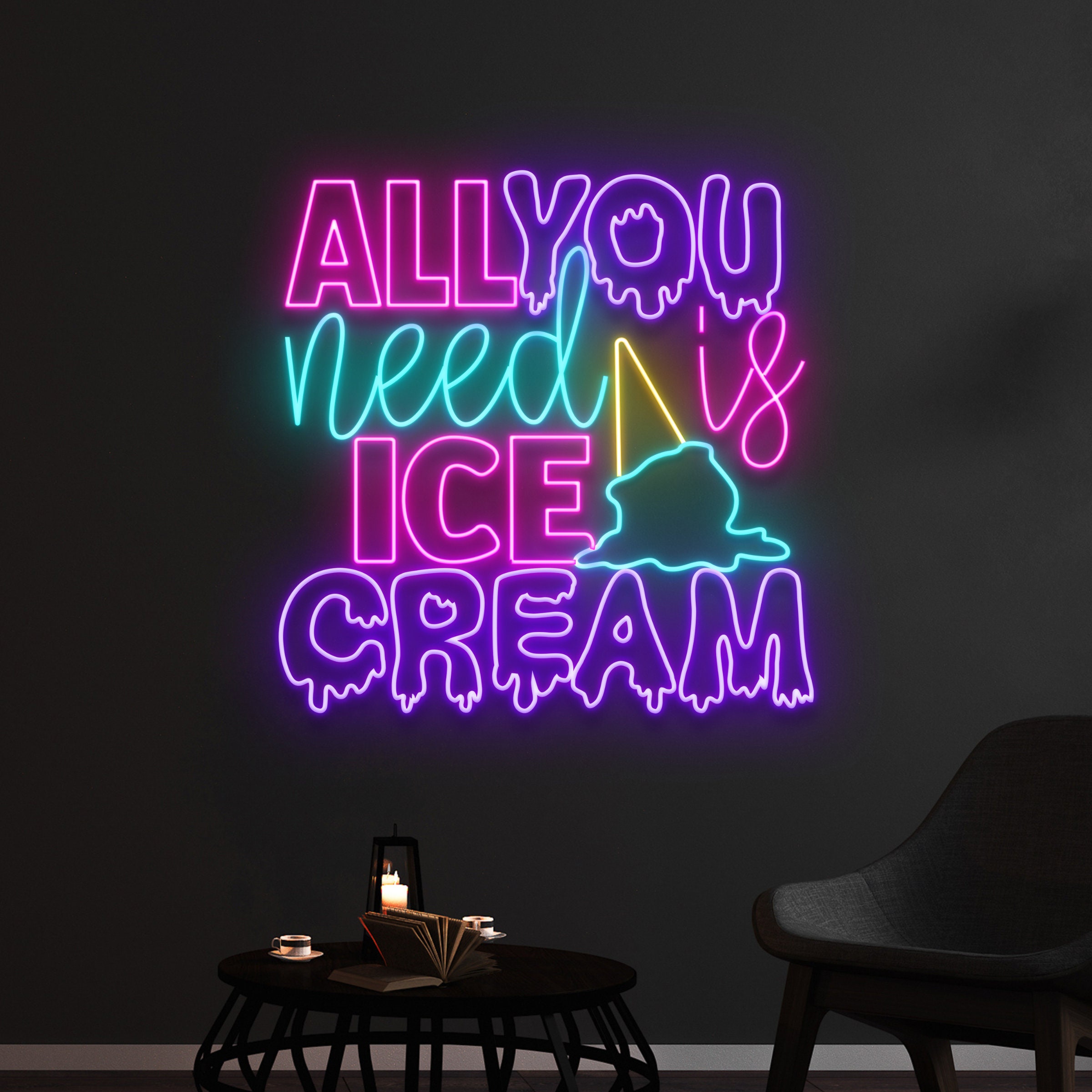 Custom Dripping All You Need is Ice Cream Neon Sign, Melting Ice